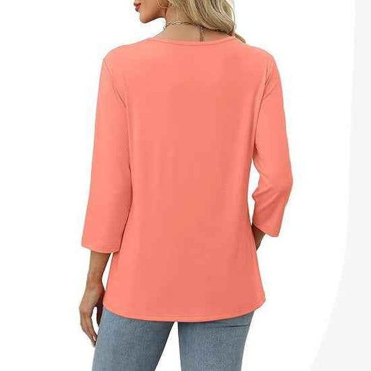 European And American New Autumn Women's Clothing Button V-neck Fashion Casual Sleeve T-shirt