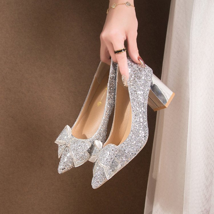 Crystal Sequins Wedding Xiuhe Chunky Heel Pointed-toe Shoes GlamzKart