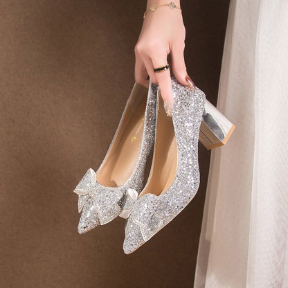 Crystal Sequins Wedding Xiuhe Chunky Heel Pointed-toe Shoes GlamzKart