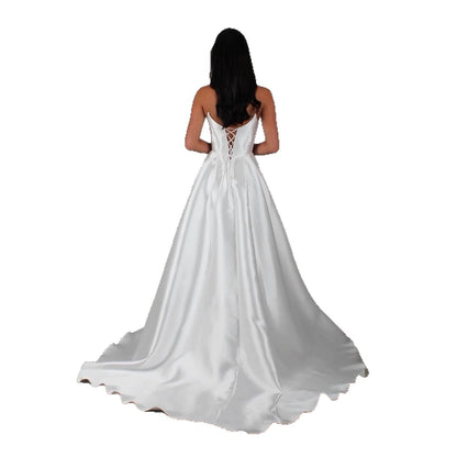 White Satin Slit Pocket Bandage Wedding Dress GlamzKart