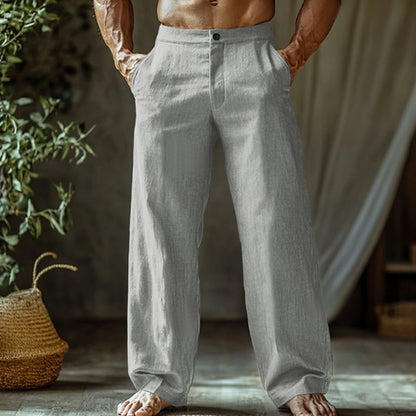 Men's Linen Button Slant Pocket Breathable Trousers Light Gray GlamzKart