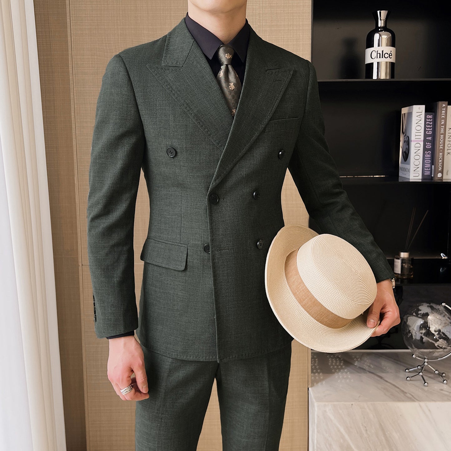 Spring And Summer Professional Casual Men's Three-piece Suit Jacket Double Breasted Green GlamzKart