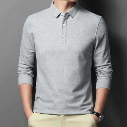 Casual And Comfortable Fashion Classic Solid Color Long Sleeve Lapel Polo Shirt Gray GlamzKart