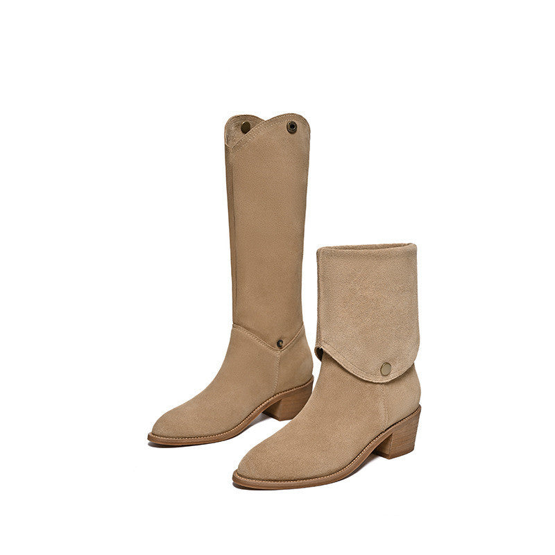 Matte Cowhide Western Denim Pointed-toe Short Tube Boots Fashion Boots Pile Style Boots All-matching GlamzKart