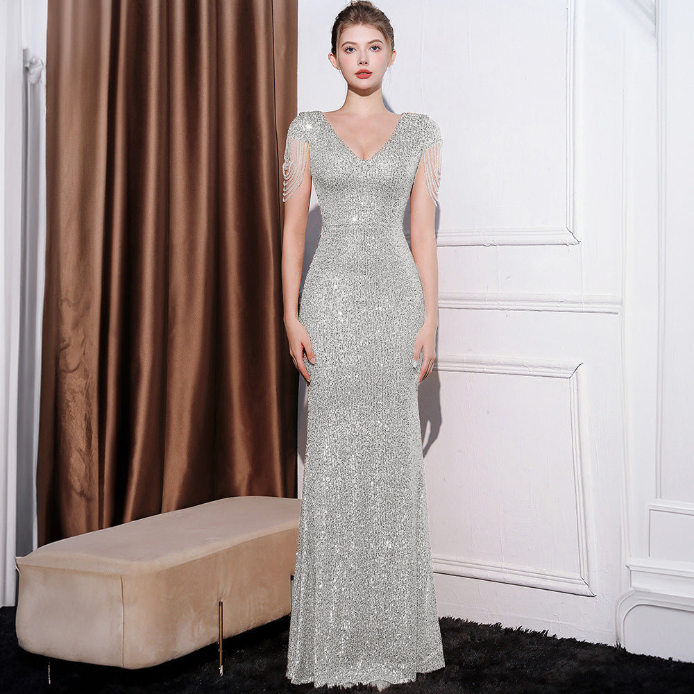 Sequined Slim Fit Slimming Long Dress Women Silver GlamzKart