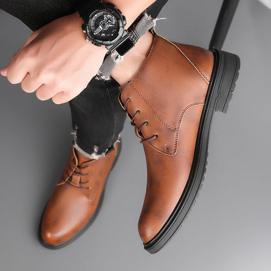 Retro Lace Up Denim Trendy Mid-length Warm Non-slip Men's Martin Boots GlamzKart