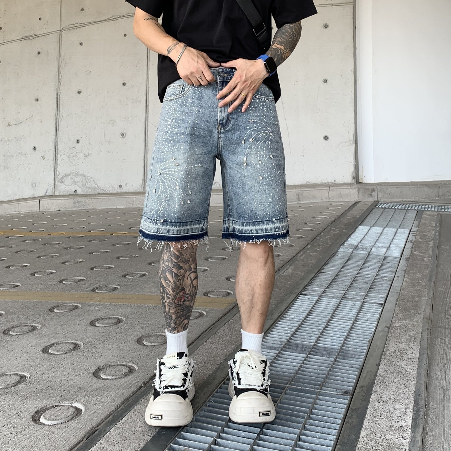 Fashion Work Clothes Gradient Cropped Pants Men Retro Blue 140062 GlamzKart