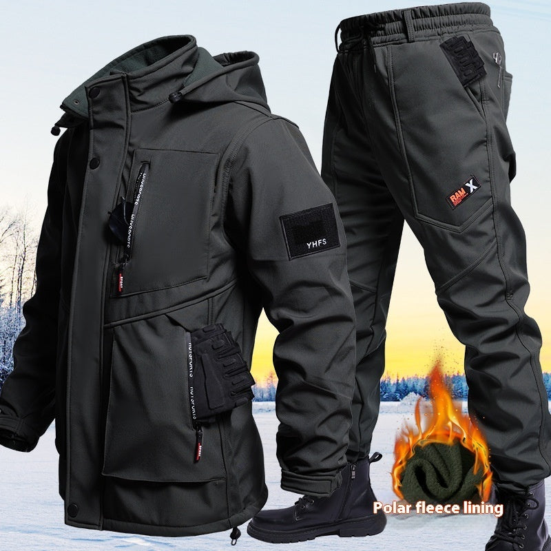 Autumn And Winter Fleece-lined Waterproof Jacket Suit 9968 Suit Black GlamzKart