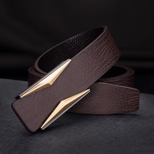 Simple And Elegant Belt Men's Middle-aged Korean Style Smooth Buckle Coffee Gold Buckle GlamzKart