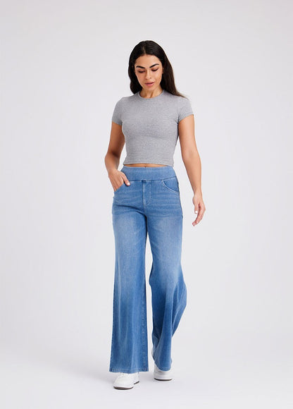 New Plus Size Women's High Waist Flared Jeans With Multiple Pockets, Straight Loose Fit, Distressed Casual Denim Pants Light Blue GlamzKart