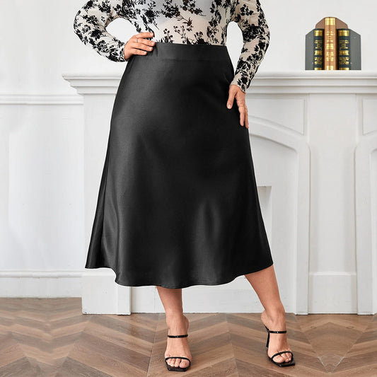 High Waist Zipper Large Hem Satin Satin Temperament Skirt GlamzKart