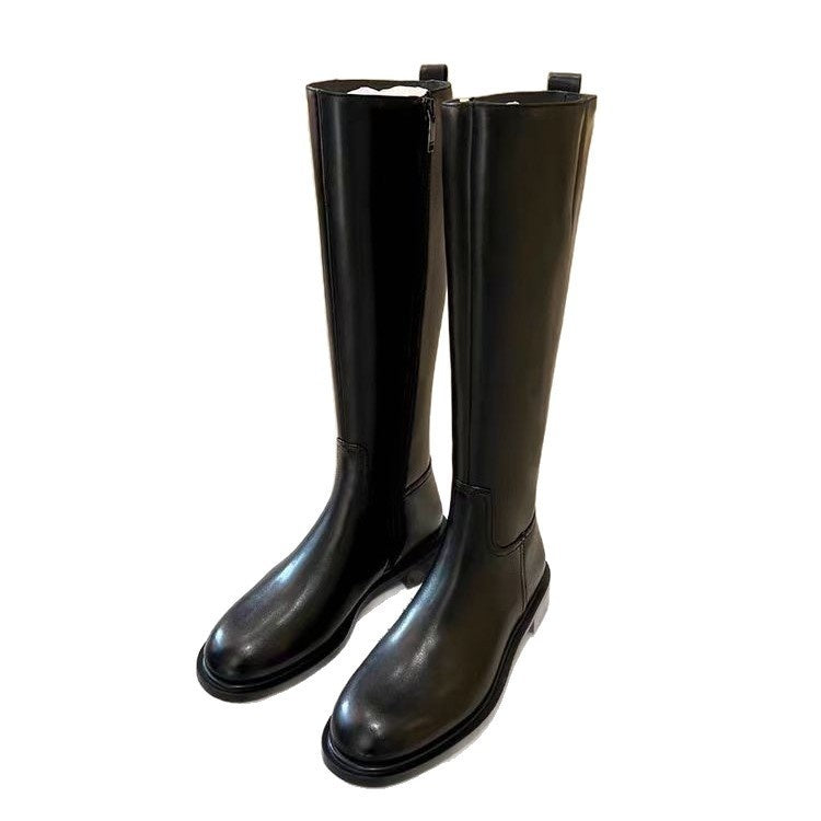 Round Toe Side Zipper Fleece-lined Long Biker Boots Women's Autumn And Winter GlamzKart