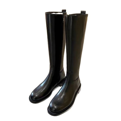 Round Toe Side Zipper Fleece-lined Long Biker Boots Women's Autumn And Winter GlamzKart