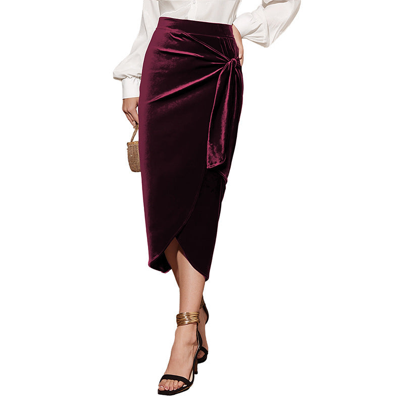 New Solid Color Twisted Skirt Temperament Commute Autumn And Winter Split Velvet Dress GlamzKart