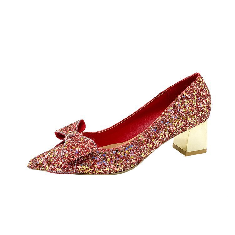 Crystal Sequins Wedding Xiuhe Chunky Heel Pointed-toe Shoes Red Paillette 4.5cm GlamzKart