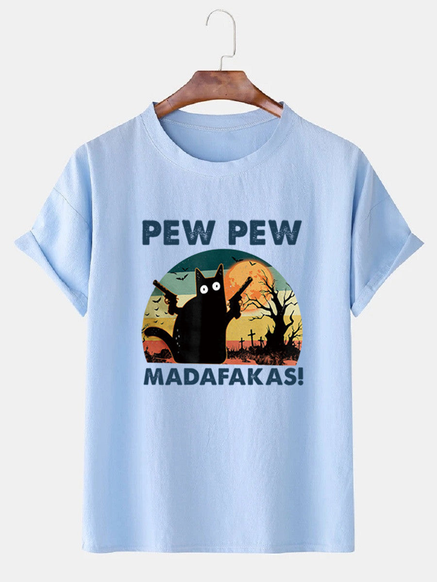 Loose Men's Clothing Cat T-shirt Top Light Blue GlamzKart