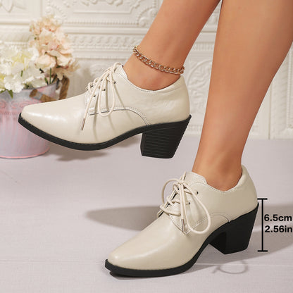 Pointed British Style High Heel Chunky Heel Front Lace-up Low-top Leather Shoes Beige GlamzKart