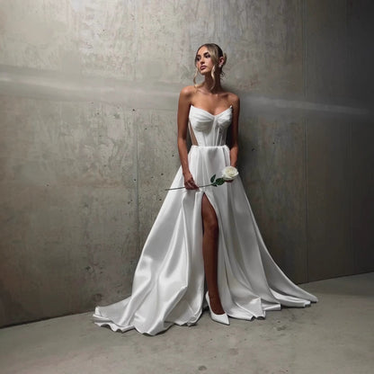 White Satin Slit Pocket Bandage Wedding Dress Ivory GlamzKart