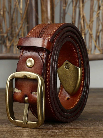 3.8CM Wide Thick Double-sided Cowhide Brass Buckle Belt GlamzKart