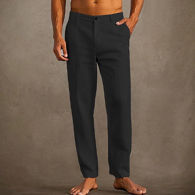 Men's Linen Beach Diagonal Pocket Cool Comfortable Breathable Skinny Pants Black GlamzKart
