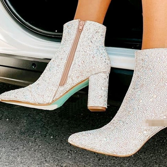 Rhinestone Pointed Toe Fashion Ankle Boots GlamzKart