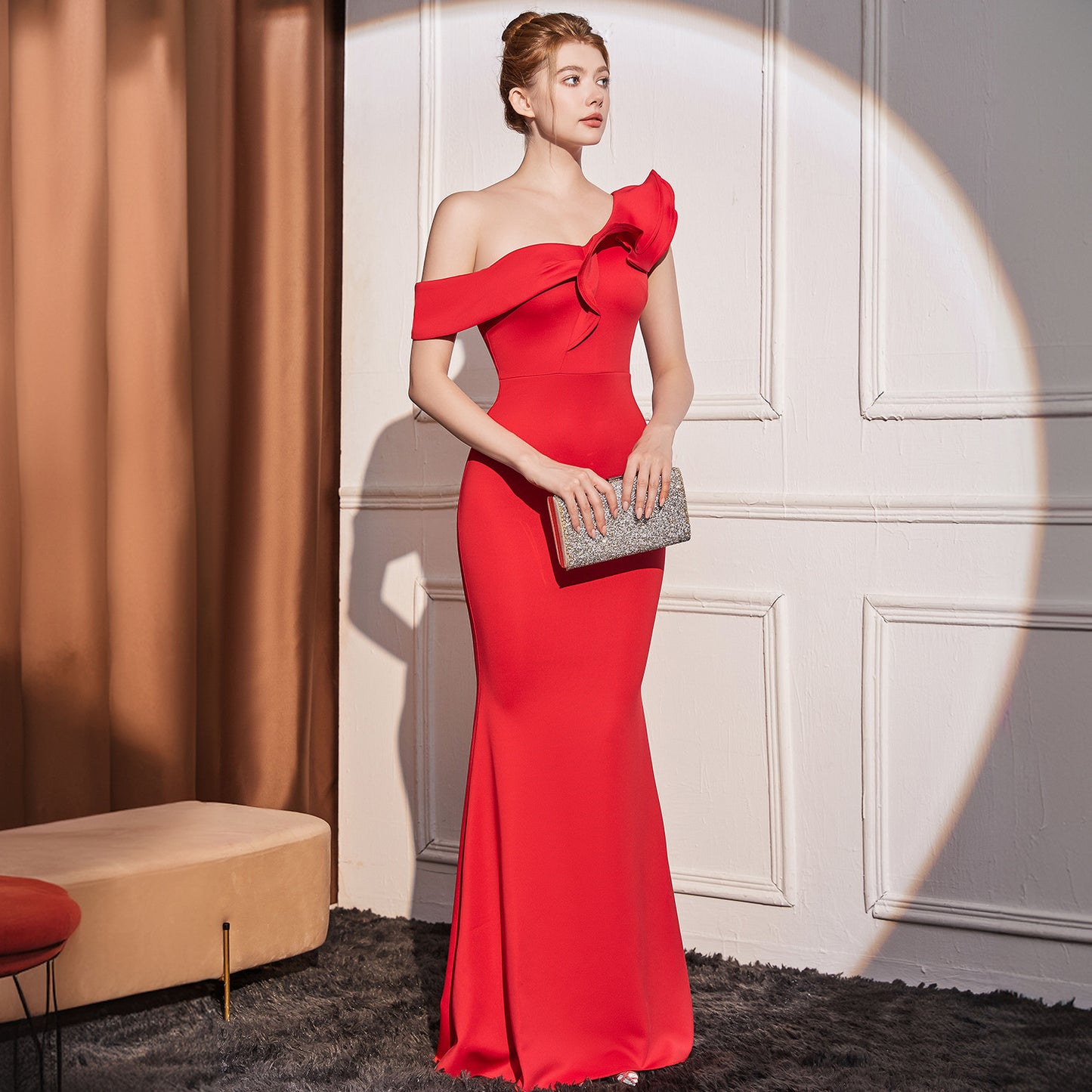 High-end Slant Shoulder Slimming Long Dress GlamzKart
