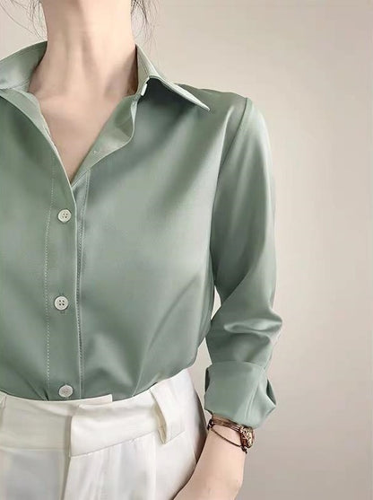 Women's High-grade Green Satin Shirt Middle Gray Green GlamzKart