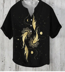 Printed V-neck Men's 3 Breasted Pullover Short Sleeve Shirt ZZ64 GlamzKart