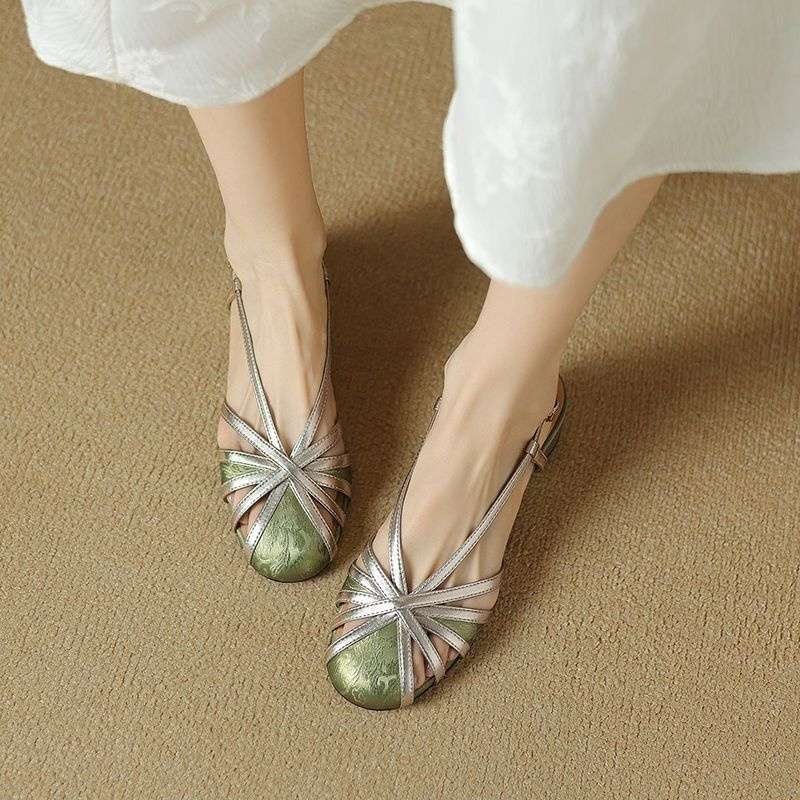Retro New Chinese Style Round Head Chunky Heel Sandals GlamzKart