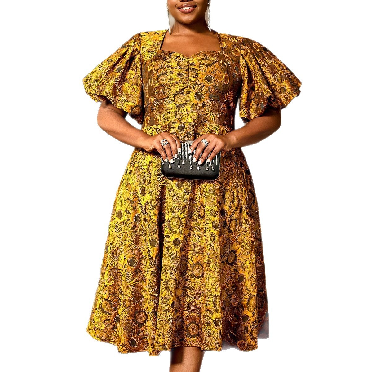 Puff Sleeve Jacquard Square Collar A Swing Long Cocktail Party Dress GlamzKart