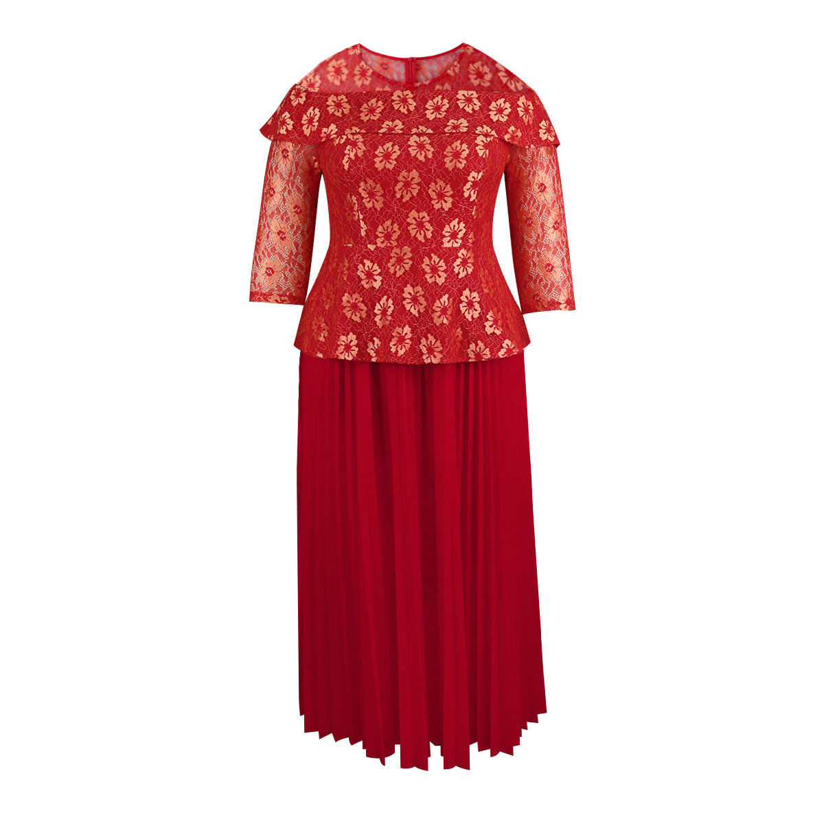 Women's Solid Color Versatile Lace Long Sleeved Pleated Skirt GlamzKart