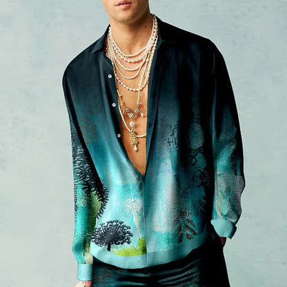 3D Printing Men's Long-sleeved Shirt Loose Casual Shirt Dark Green GlamzKart
