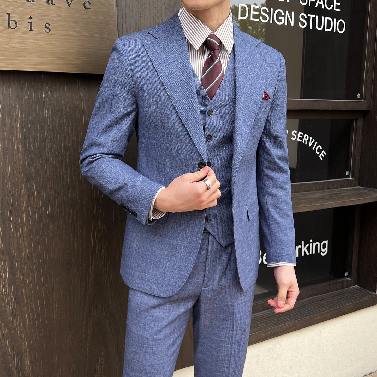Spring And Summer Professional Casual Men's Three-piece Suit Jacket Single Breasted Blue GlamzKart