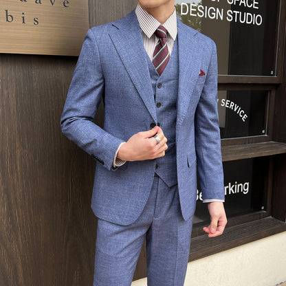 Spring And Summer Professional Casual Men's Three-piece Suit Jacket Single Breasted Blue GlamzKart