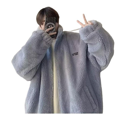 Men's Autumn And Winter Loose Casual Cotton-padded Clothes Fleece-lined Thickening Stand Collar Clothes GlamzKart