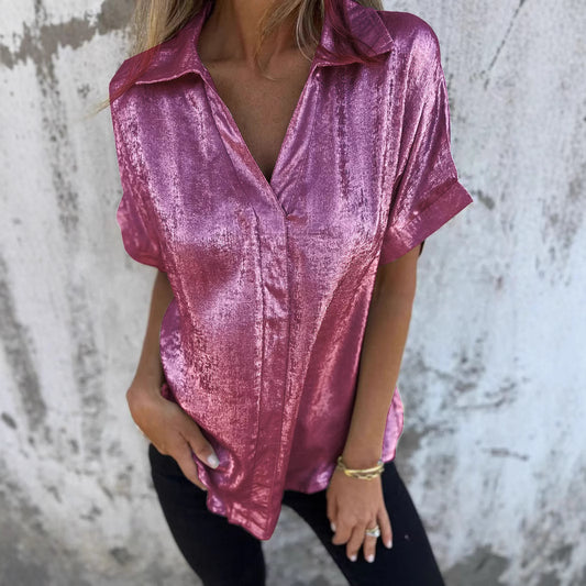 Women's Solid Color Casual Loose Bronzing Short-sleeved Lapel Shirt GlamzKart