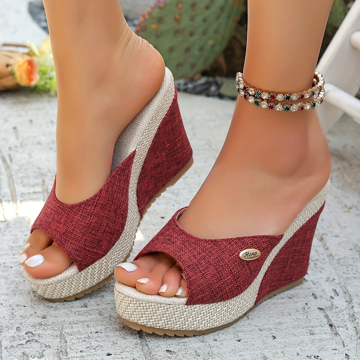 Women's Black Wedge Sandals With Buckle Details, Stylish And Generous Burgundy GlamzKart
