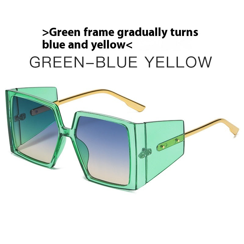 New Large Square Frame Sunglasses Green Frame Blue And Yellow GlamzKart