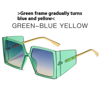 New Large Square Frame Sunglasses Green Frame Blue And Yellow GlamzKart
