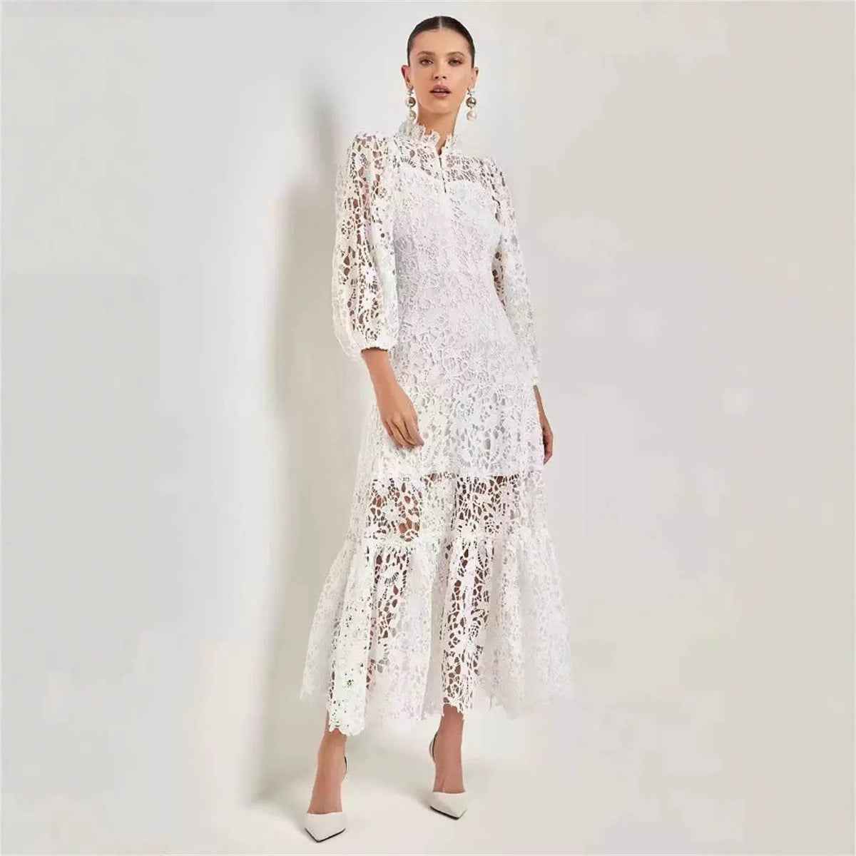 European American Dream Girl Elegant Graceful Solid Color Hollow Lace Long Dress