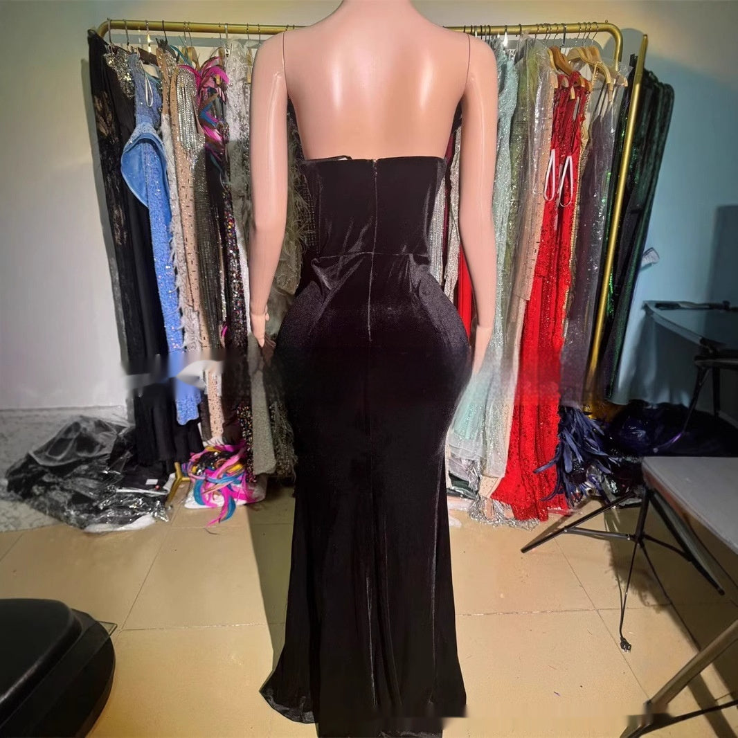 Black Bandeau Slim-fit Skinny Long And Ground Dress GlamzKart
