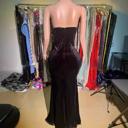 Black Bandeau Slim-fit Skinny Long And Ground Dress GlamzKart