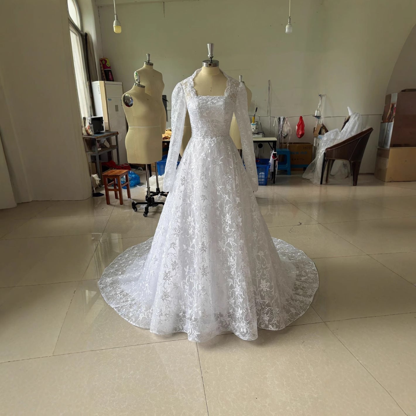 Embroidered Long Sleeve Trailing Wedding Dress White GlamzKart