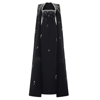 Beaded Lanyard Shawl Sleeve And Floor Long Dress GlamzKart