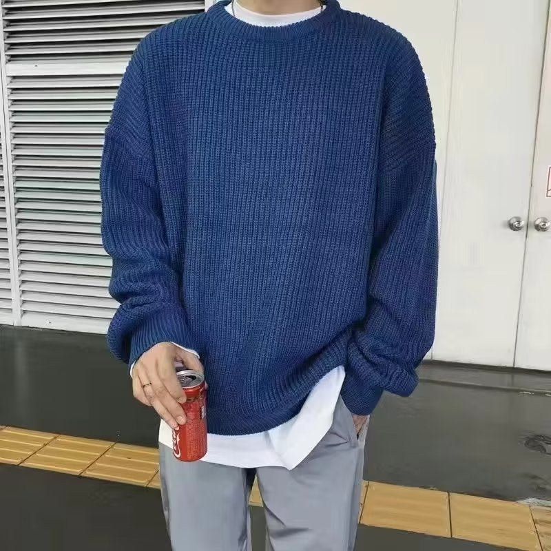 Loose Casual Retro Trendy Underwear Crew Neck Sweater Dark Blue GlamzKart