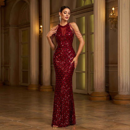 Elegant Sleeveless Round Neck Sequins Slim Sheath Banquet Fishtail Dress Wine Red GlamzKart