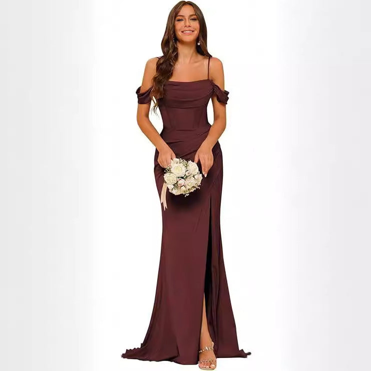 Off-the-shoulder Satin Bridesmaid Corset Ball Gown GlamzKart