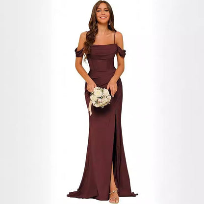 Off-the-shoulder Satin Bridesmaid Corset Ball Gown GlamzKart
