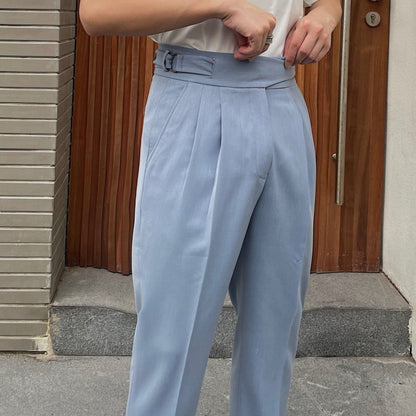 British Retro Business Casual Paris Buckle Suit Pants Men Blue GlamzKart