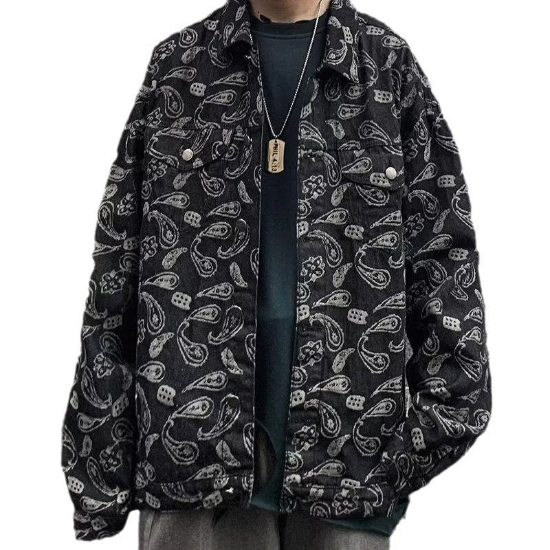 Spring And Autumn Black Jacquard Plaid Denim Jacket GlamzKart
